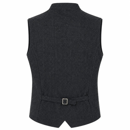 A dark charcoal gray waistcoat vest with a matching tie belt and silver buckle, shown from the back on a plain white background.