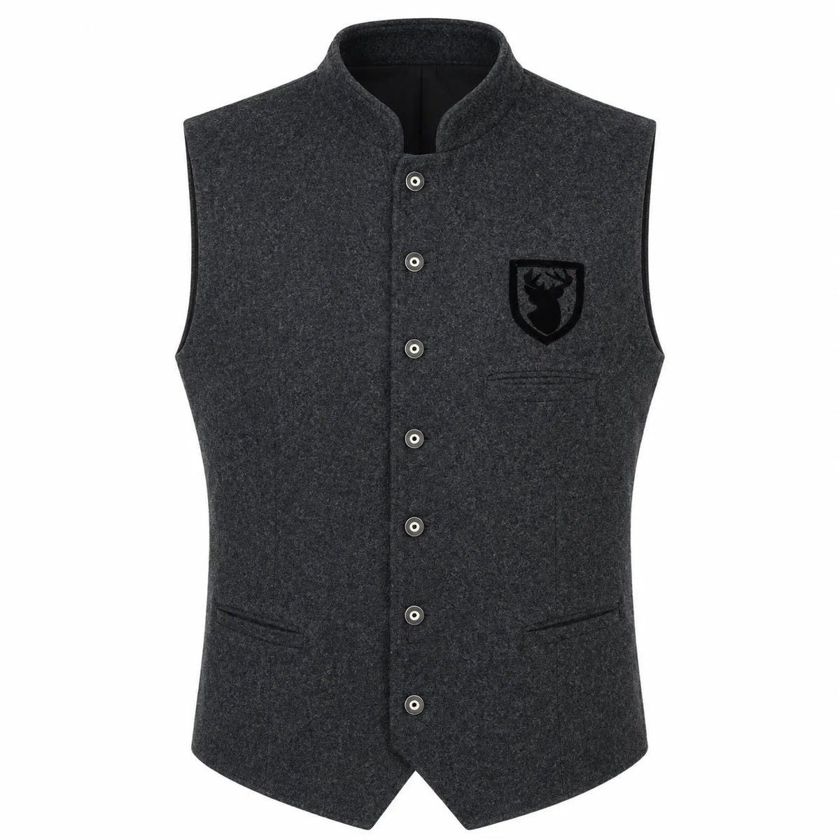 A dark gray heathered wool vest with a stand collar, button closure, and a black embroidered shield logo on the left chest, shown against a plain white background.