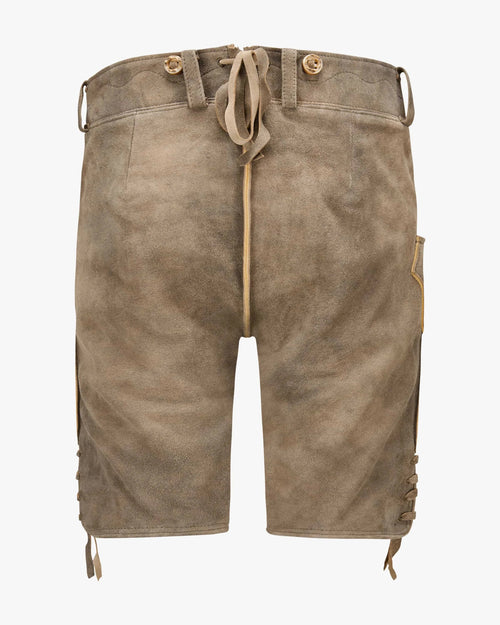 Brown leather shorts with button details on a white background