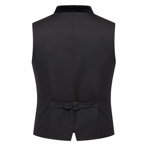 Black formal waistcoat vest with a shawl collar and a matching waist belt with a buckle, shown from the back on a white background.