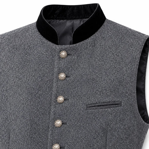 A close-up of a gray textured waistcoat vest with a black velvet collar and decorative silver-toned buttons, shown against a plain white background.