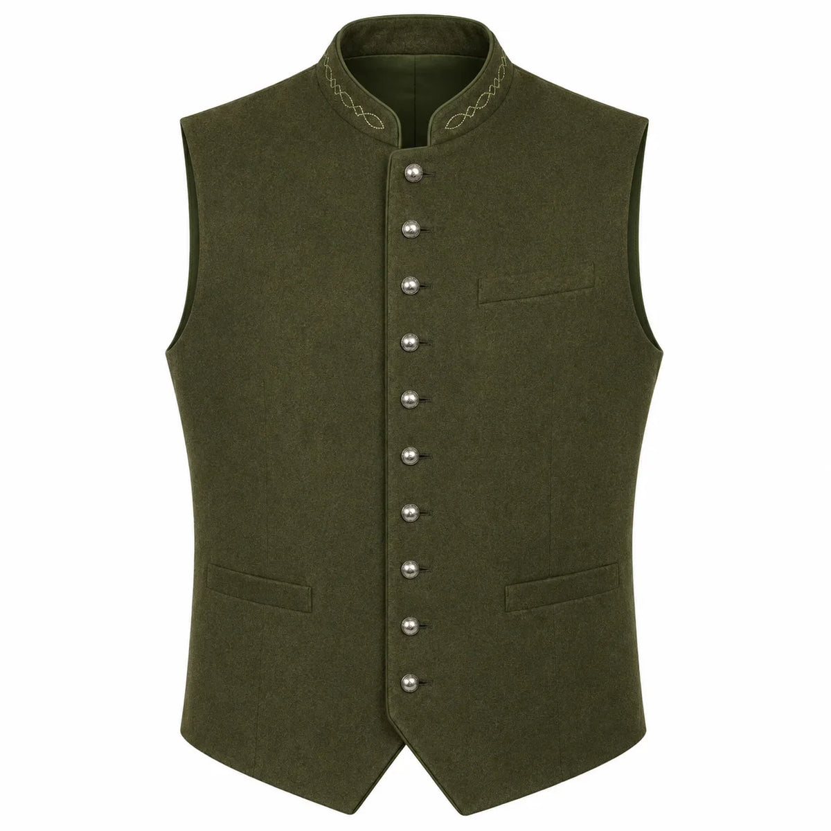 An olive green men's waistcoat vest with a mandarin collar, decorative embroidered trim, a row of silver-tone buttons down the front, and two front welt pockets, shown on a plain white background.