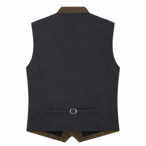 A dark charcoal gray waistcoat shown from the back, featuring a brown corduroy collar and hem, and a matching brown tie belt with a silver buckle at the bottom.