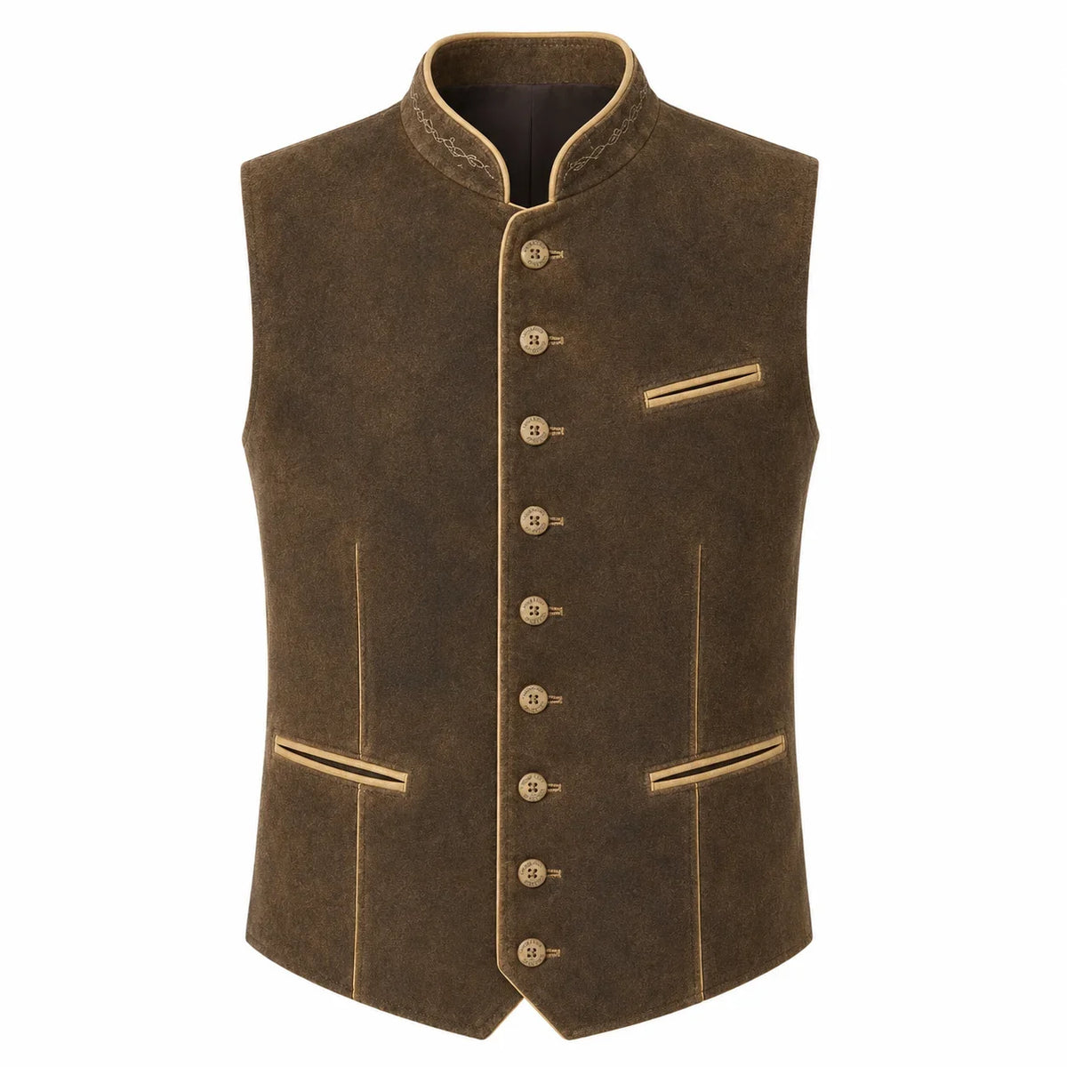 A dark brown suede-like waistcoat vest with gold-colored buttons, piping, and collar trim, displayed on a clean white background.