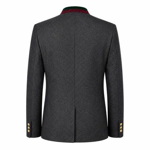 The back view of a dark gray textured blazer jacket, featuring a green and red striped collar and gold buttons on the cuffs, set against a plain white background.