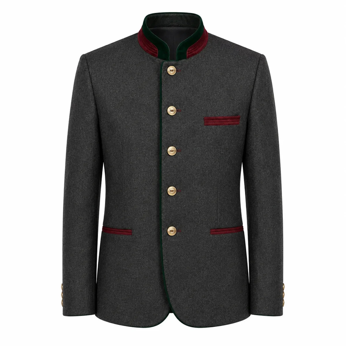 A dark gray wool-blend jacket with a mandarin collar, featuring gold buttons, red-green striped trim on the collar, chest pocket, and pocket flaps, and gold button accents on the cuffs, shown against a plain white background.