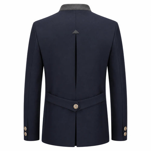 A dark navy blue men's blazer shown from the back, featuring a structured collar, a central back seam, a matching waist belt with a single gold-tone button, and gold button details on the cuffs.