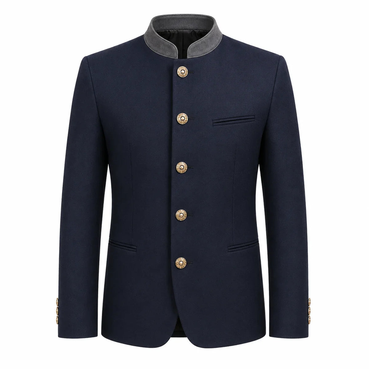 A men's traditional-style jacket in dark navy blue with a contrasting gray stand collar and decorative gold buttons, shown on a plain white background.
