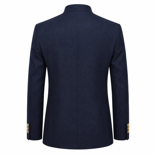 A navy blue blazer shown from the back, featuring a high collar and gold button accents on the cuffs, set against a plain white background.
