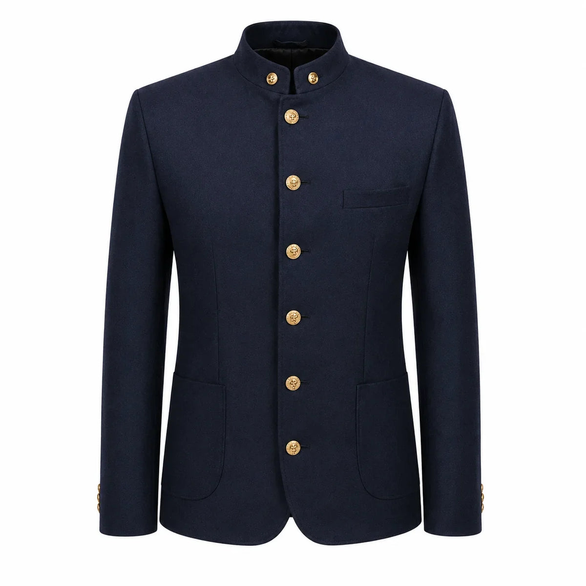 A dark navy blue men's jacket with a mandarin collar and gold buttons, displayed on a clean white background.
