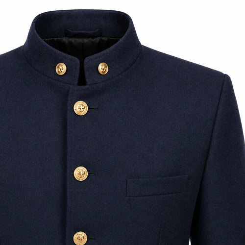 Close-up of a dark navy blue jacket with a mandarin collar and gold buttons, set against a plain white background.