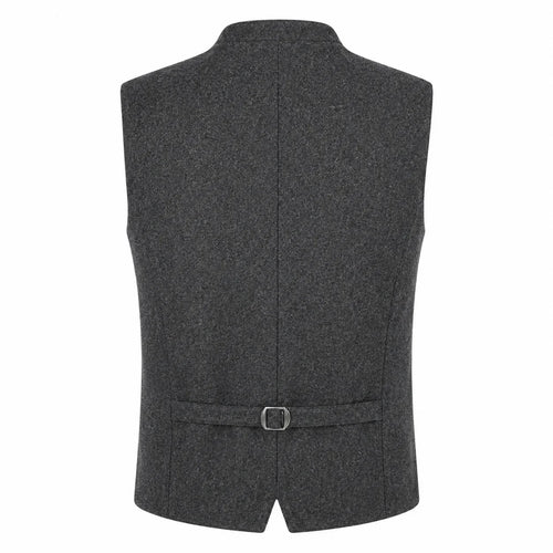 A dark gray textured waistcoat vest with a matching waist belt and silver buckle, shown from the back on a white background.