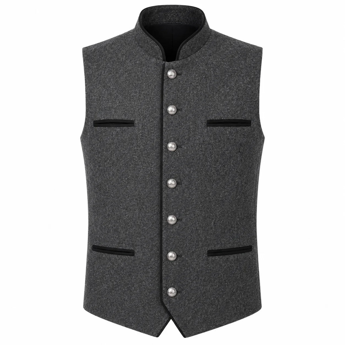 A dark gray textured waistcoat vest with a mandarin collar, silver-tone decorative buttons down the front, and black trim details on the pockets and collar, shown against a plain white background.