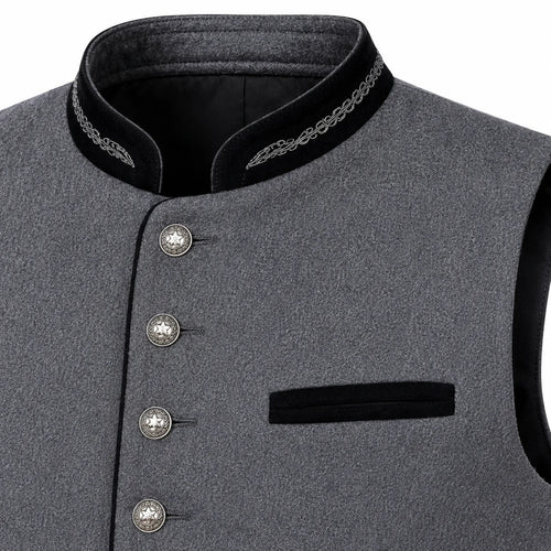 Close-up of a gray textured waistcoat or vest with black trim, decorative silver-tone buttons, and a black pocket on a white background.