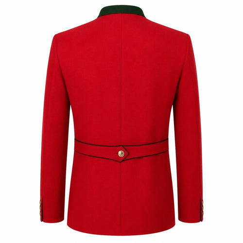 A bright red men's blazer shown from the back, featuring a structured collar, a matching red waist belt with a gold button, and black piping details.