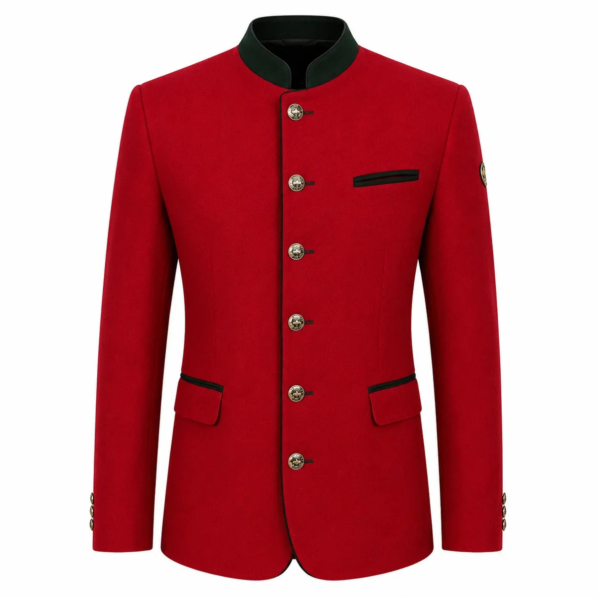 A red men's jacket with a mandarin collar, silver-tone buttons, and black trim details, shown on a plain white background.