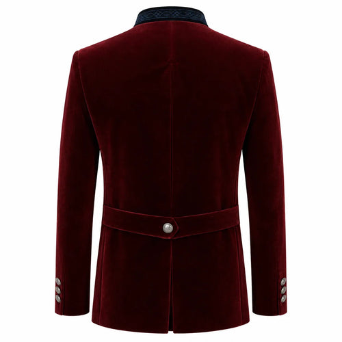 A men's longline velvet blazer shown from the back, featuring a deep burgundy red color, a matching waist belt with a single silver button, and decorative silver buttons on the cuffs, set against a plain white background.
