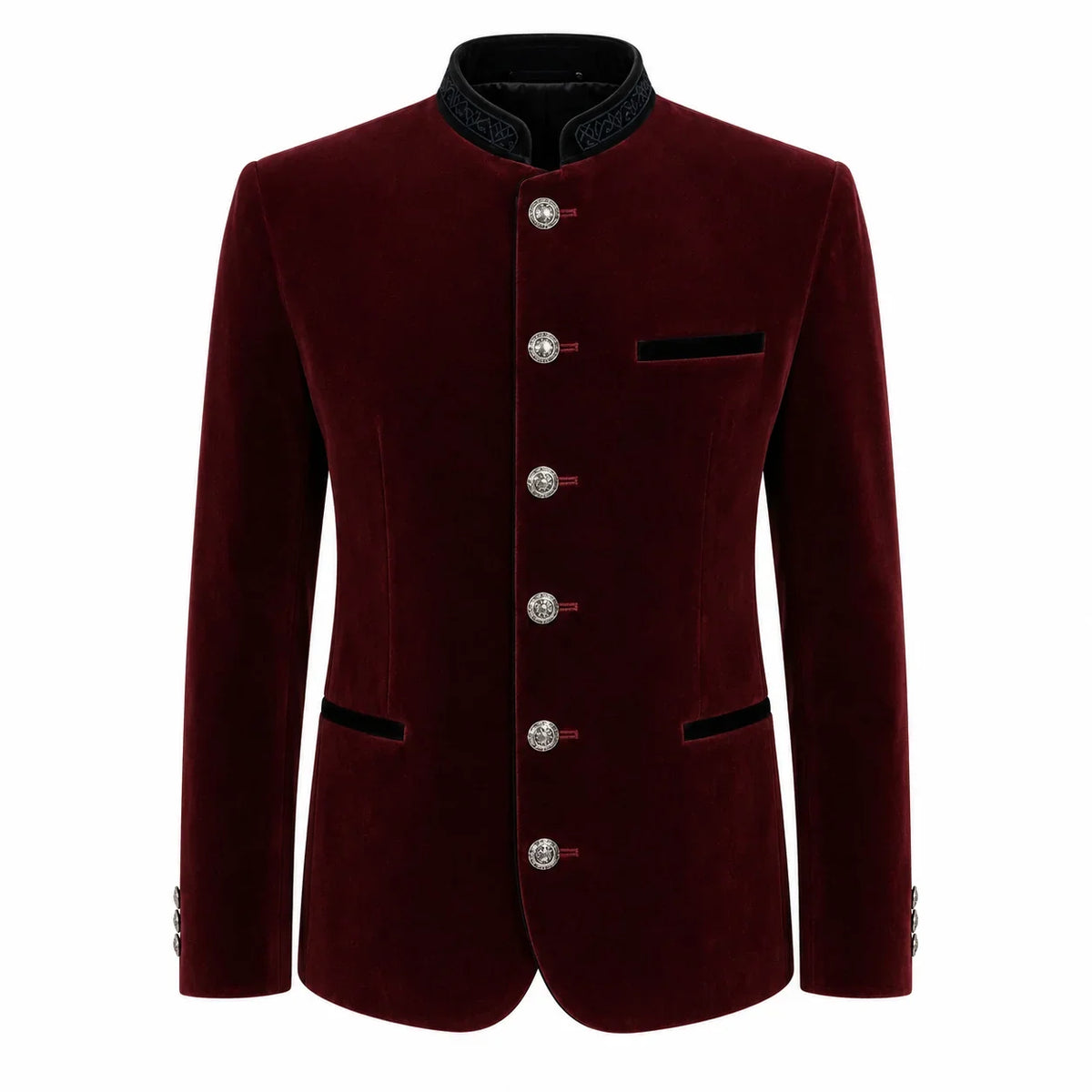 A men's traditional-style jacket in deep burgundy velvet with a black mandarin collar, black pocket flaps, and silver-tone decorative buttons, shown on a plain white background.