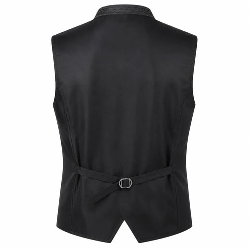 Black waistcoat vest with a matching tie belt and silver buckle, shown from the back on a white background.