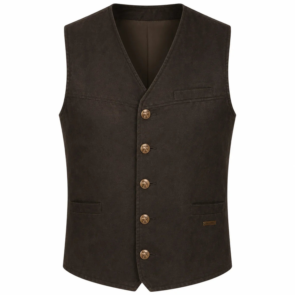 A dark brown vest with a V-neck, five front buttons, and two front pockets, shown against a plain white background.