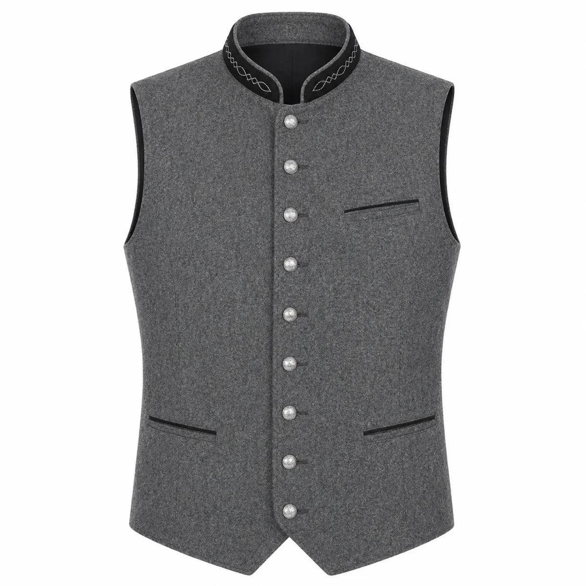 A gray wool-blend waistcoat vest with a mandarin collar, decorative black trim, and silver-tone buttons, shown on a plain white background.