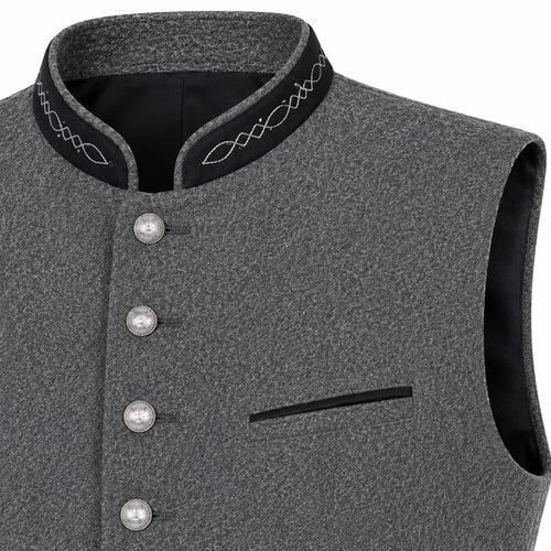Close-up of a gray textured waistcoat with a black mandarin collar, white embroidered trim, and silver-tone buttons.