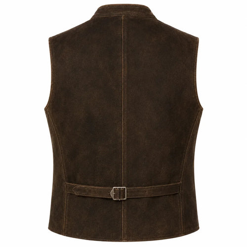 A dark brown suede vest shown from the back, featuring a central seam, a matching waist belt with a silver buckle, and a pointed collar, set against a plain white background.