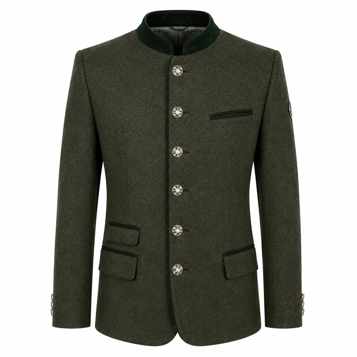 An olive green men's jacket with a mandarin collar, decorative silver-tone buttons, and flap pockets, shown on a plain white background.