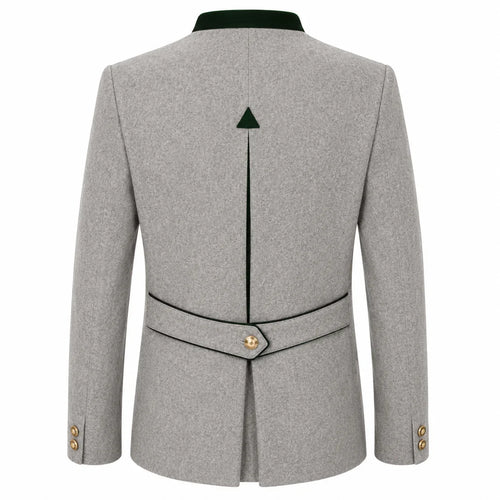A light gray textured blazer shown from the back, featuring a dark green velvet collar, a central vertical seam with a small green triangle emblem, a matching waist belt with a gold button, and gold button details on the cuffs.