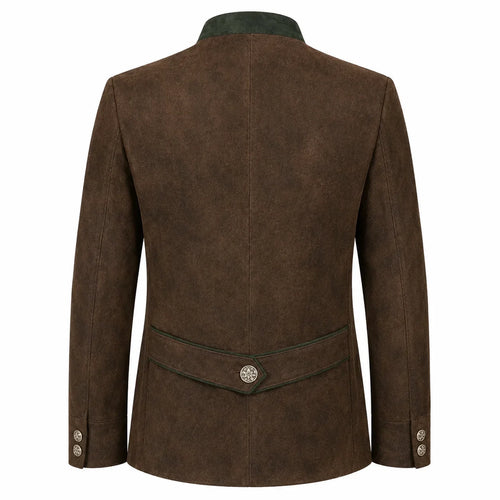The back view of a men's brown suede jacket with a dark green collar, waist trim, and button details, shown on a plain white background.