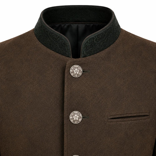 Close-up of a brown textured jacket with a dark green embroidered mandarin collar and decorative silver-tone buttons.