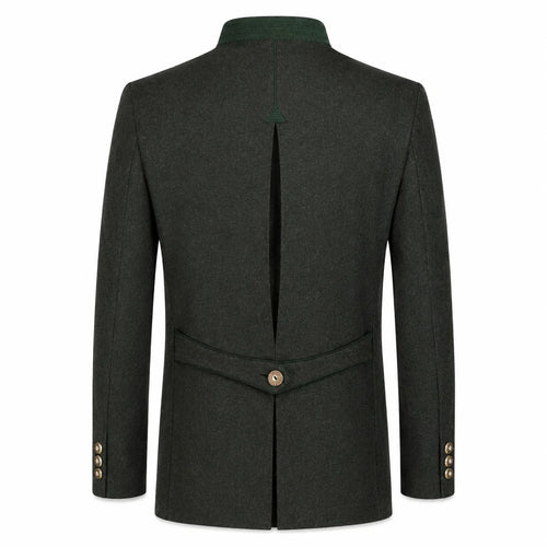 The back view of a dark forest green wool-blend jacket with a single button closure at the waist, decorative button cuffs, and a high collar, shown on a plain white background.