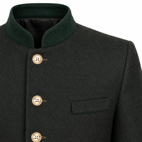 Close-up of a dark charcoal gray wool-blend jacket with a contrasting dark green mandarin collar, gold-tone buttons, and a welt pocket on the chest.
