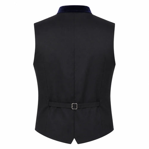 Black men's waistcoat vest with a navy blue velvet collar and a matching waist belt with a silver buckle, shown from the back on a white background.