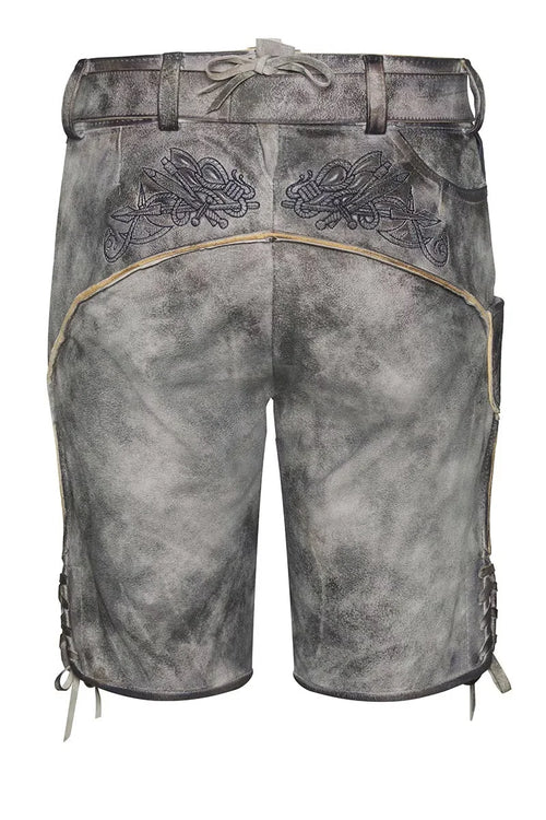 Gray leather apron with intricate designs and patterns on a white background