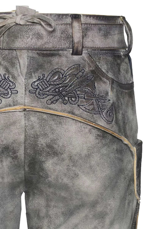 Gray leather apron with intricate designs and patterns on a white background