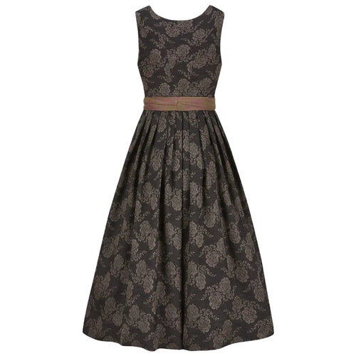 Black floral patterned dirndl dress with a brown belt on a white background