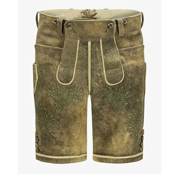 Traditional Bavarian shorts with leather-like texture on a white background