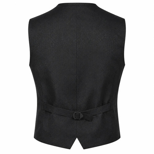 Black formal waistcoat shown from the back, featuring a self-tie belt with a small buckle at the waist, set against a plain white background.