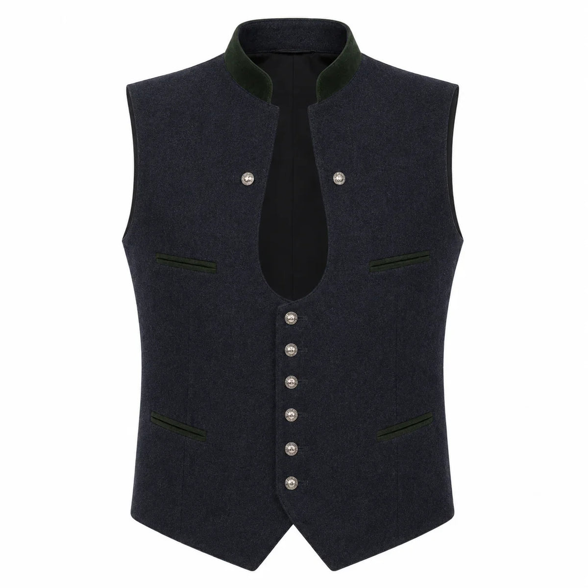 A dark navy blue wool vest with a high collar, contrasting dark green trim, and silver-tone buttons, shown against a plain white background.