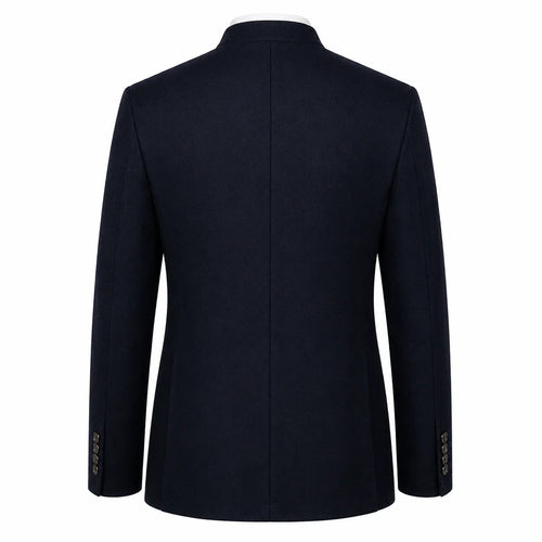 A dark navy blue blazer shown from the back, featuring a structured collar, long sleeves, and a central seam, photographed against a solid white background.