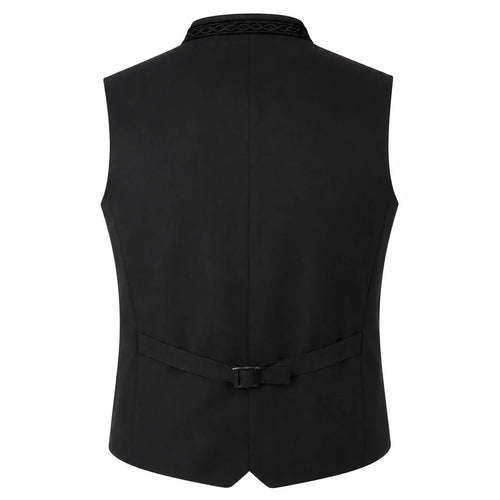 Black men's waistcoat vest shown from the back, featuring a braided collar and a matching waist tie with a buckle, on a solid white background.