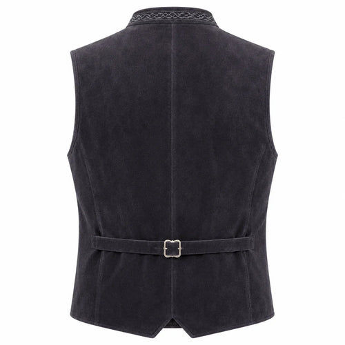 A dark charcoal gray vest shown from the back, featuring a matching waist belt with a silver buckle and a textured patterned collar, set against a plain white background.