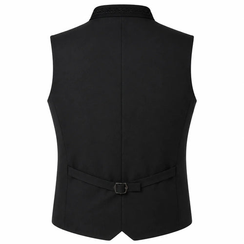 Black men's waistcoat vest with a self-tie belt and decorative collar trim, shown from the back on a white background.