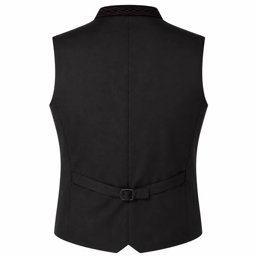 Black men's waistcoat vest shown from the back, featuring a structured collar, a self-tie belt with a metal buckle at the waist, and a subtle textured pattern along the inner collar, set against a plain white background.