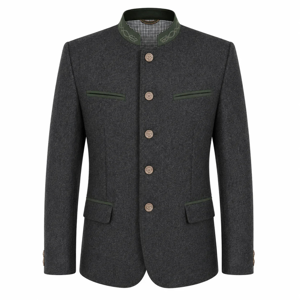 A dark gray textured wool jacket with a mandarin collar, featuring green piping details on the collar, pocket flaps, and front trim, and four brown buttons down the center front.