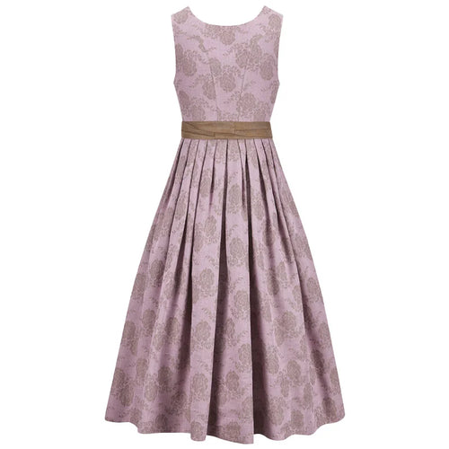 Pink floral dress with a gold belt on a white background