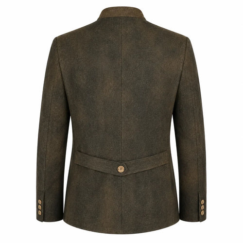 The back view of a men's blazer in a textured dark brown fabric, featuring a single button closure at the waist and button details on the cuffs, set against a plain white background.