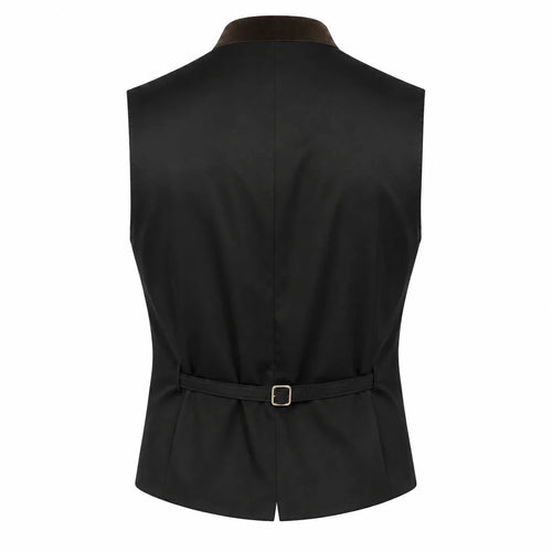 Black waistcoat vest with a brown collar and a matching tie belt with a gold buckle, shown from the back on a white background.
