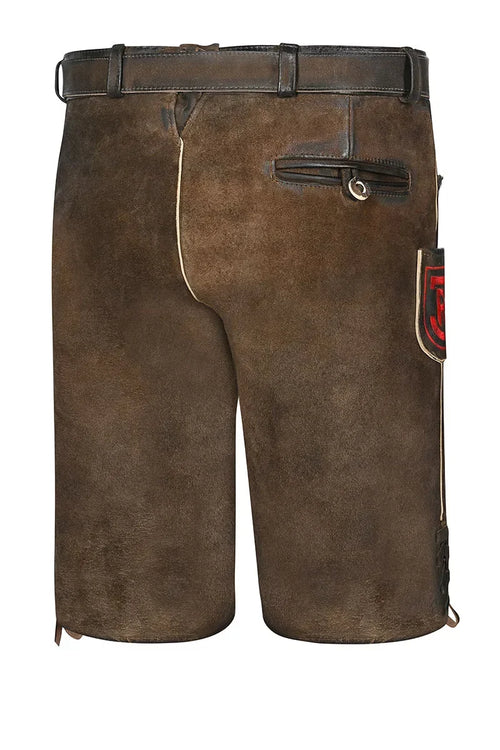 Brown leather shorts with a belt and patch on a white background